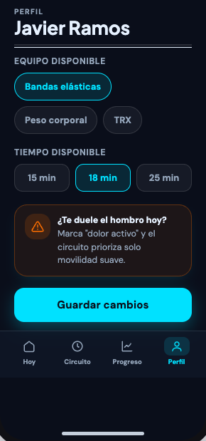 Perfil con el equipo disponible y el tiempo del circuito